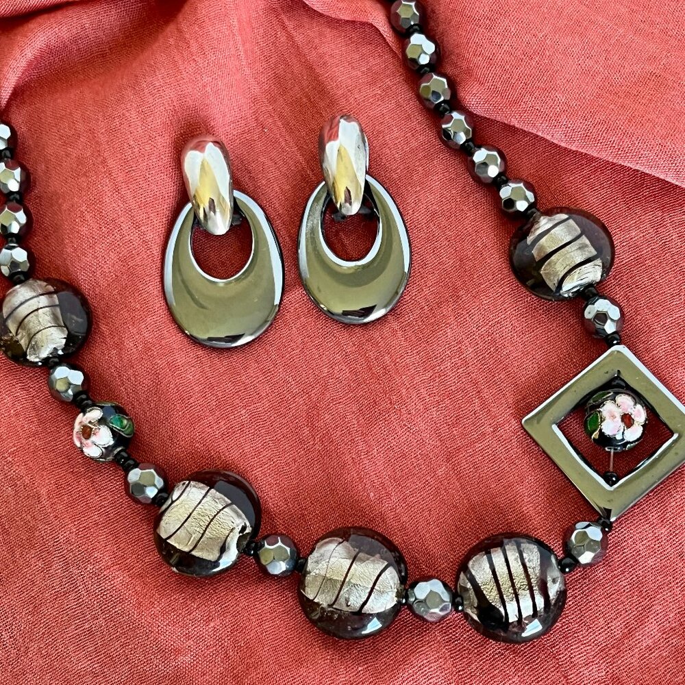 Gunmetal Hematite with glass beads 26" Necklace and Earrings